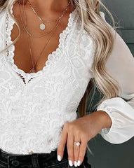 Elegant Contrast Mesh Long Sleeve Lace Top Fashion Woman Blouses Shirt