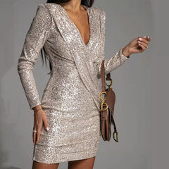 Elegant Deep V-Neck Sequin Mini Dress Long Sleeve Party Dress