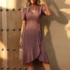 Elegant Floral H Shaped V Neck Puff Sleeve Midi Dress