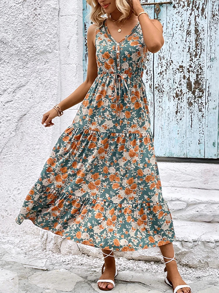 Elegant Floral Sleeveless Ruffle Boho Dress