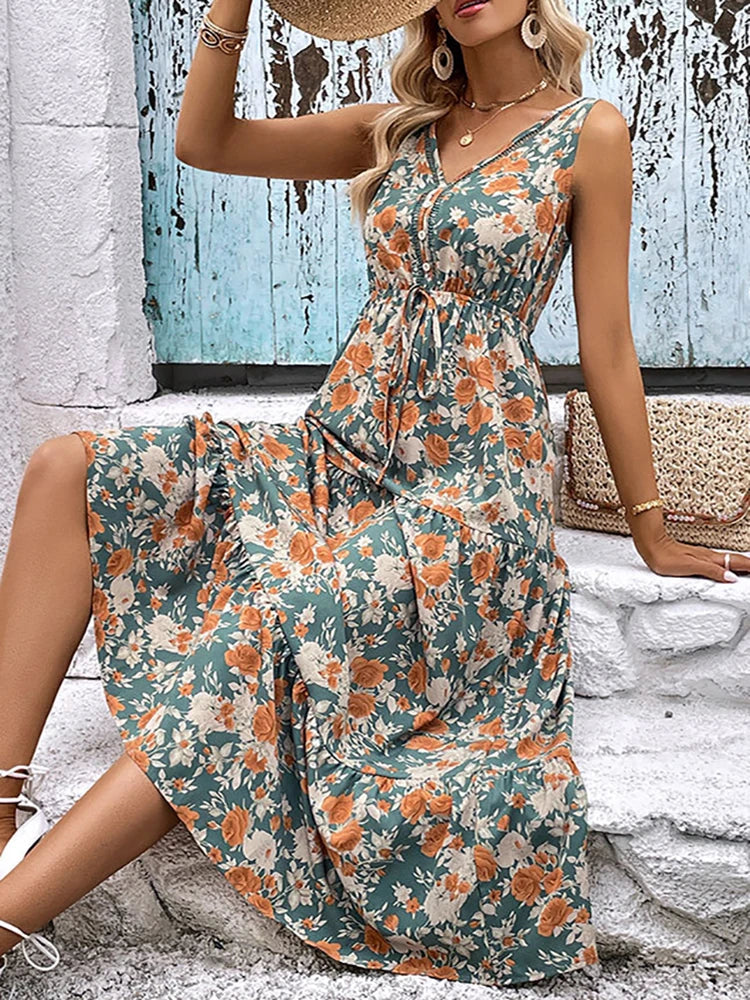 Elegant Floral Sleeveless Ruffle Boho Dress