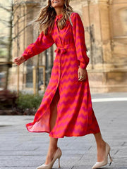 Elegant Lady Tie Dye Ruffled Lace Up Waist V-neck Maxi Dress