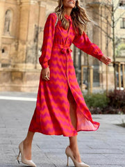 Elegant Lady Tie Dye Ruffled Lace Up Waist V-neck Maxi Dress