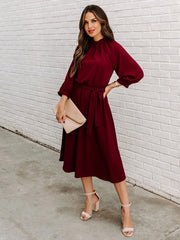 Elegant Office Dress Formal Loose Green Long Sleeve Belt A-Line Midi Dresses