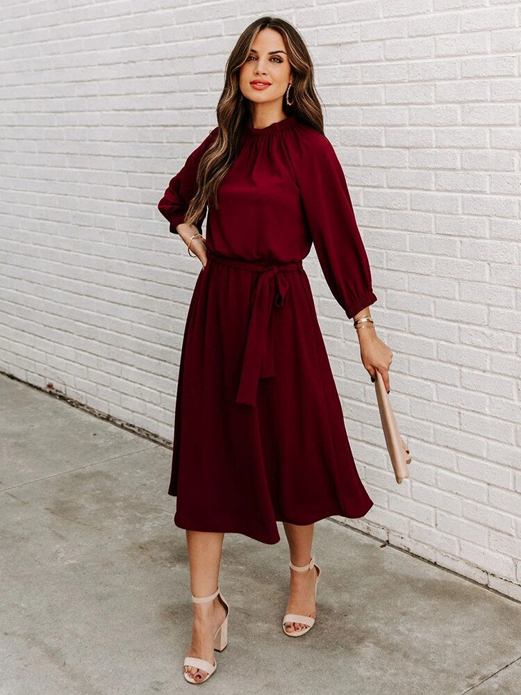 Elegant Office Dress Formal Loose Green Long Sleeve Belt A-Line Midi Dresses