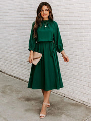 Elegant Office Dress Formal Loose Green Long Sleeve Belt A-Line Midi Dresses