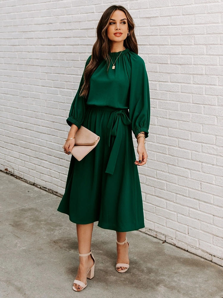 Elegant Office Dress Formal Loose Green Long Sleeve Belt A-Line Midi Dresses