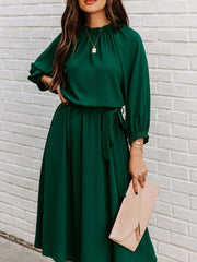 Elegant Office Dress Formal Loose Green Long Sleeve Belt A-Line Midi Dresses