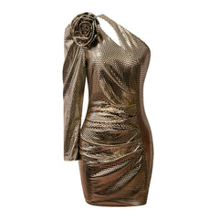 Elegant One Shoulder Bronzing Hollow Out  Long Sleeve Mini Dress