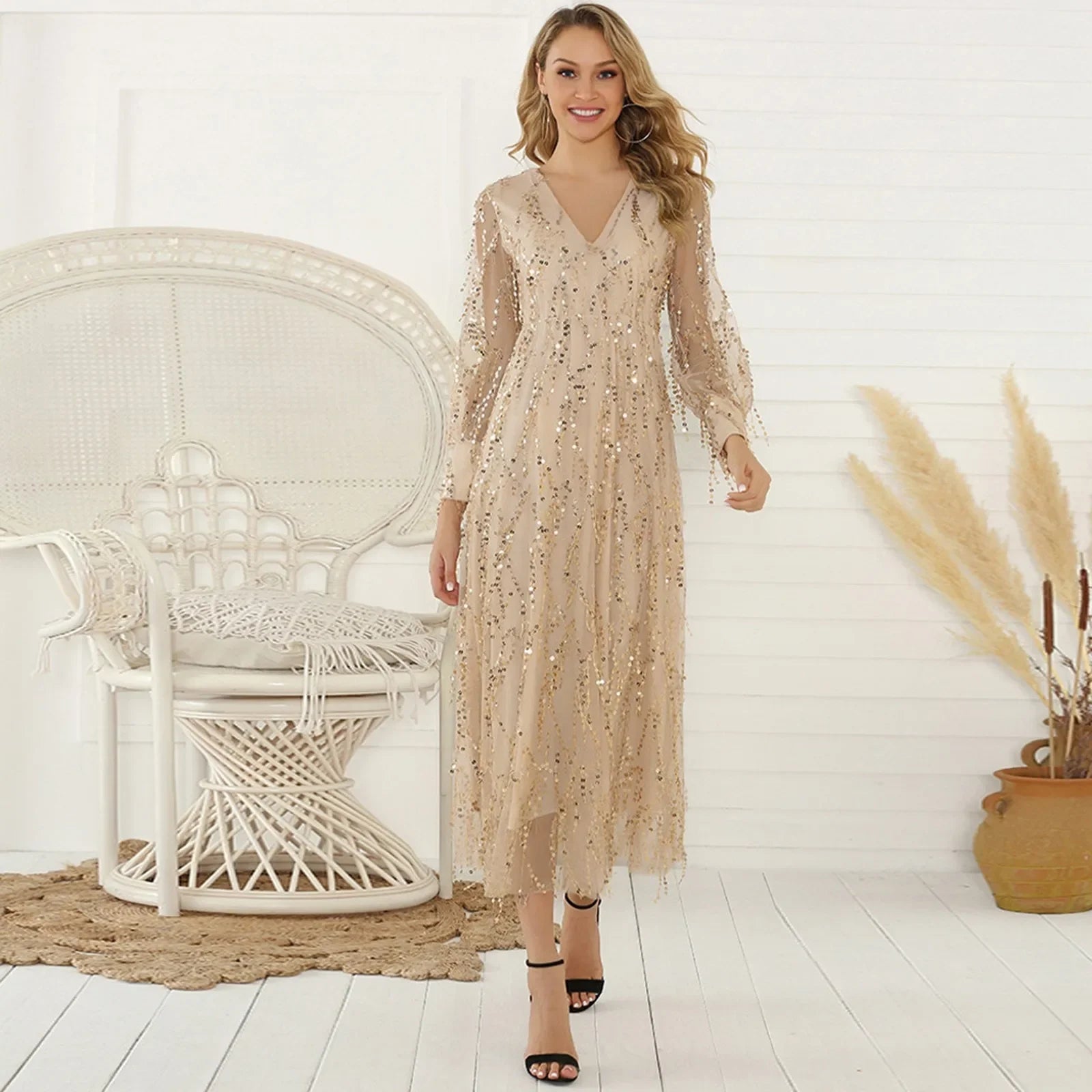 Elegant V Neck Mesh Glitter Sequins Beaded Tassel Midi Dress