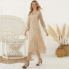 Elegant V Neck Mesh Glitter Sequins Beaded Tassel Midi Dress