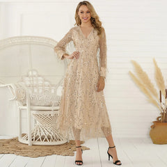 Elegant V Neck Mesh Glitter Sequins Beaded Tassel Midi Dress