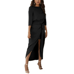 Satin Elegance Long Sleeve Tie Waist Side Slit Midi Dress