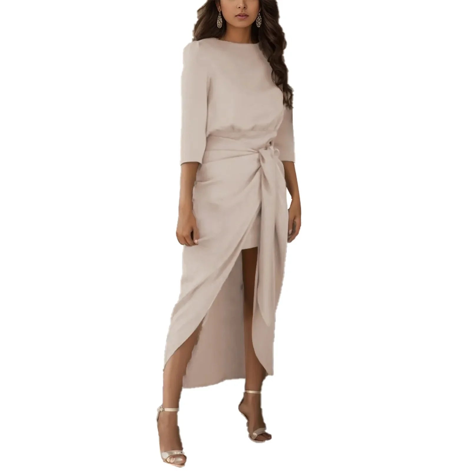 Satin Elegance Long Sleeve Tie Waist Side Slit Midi Dress