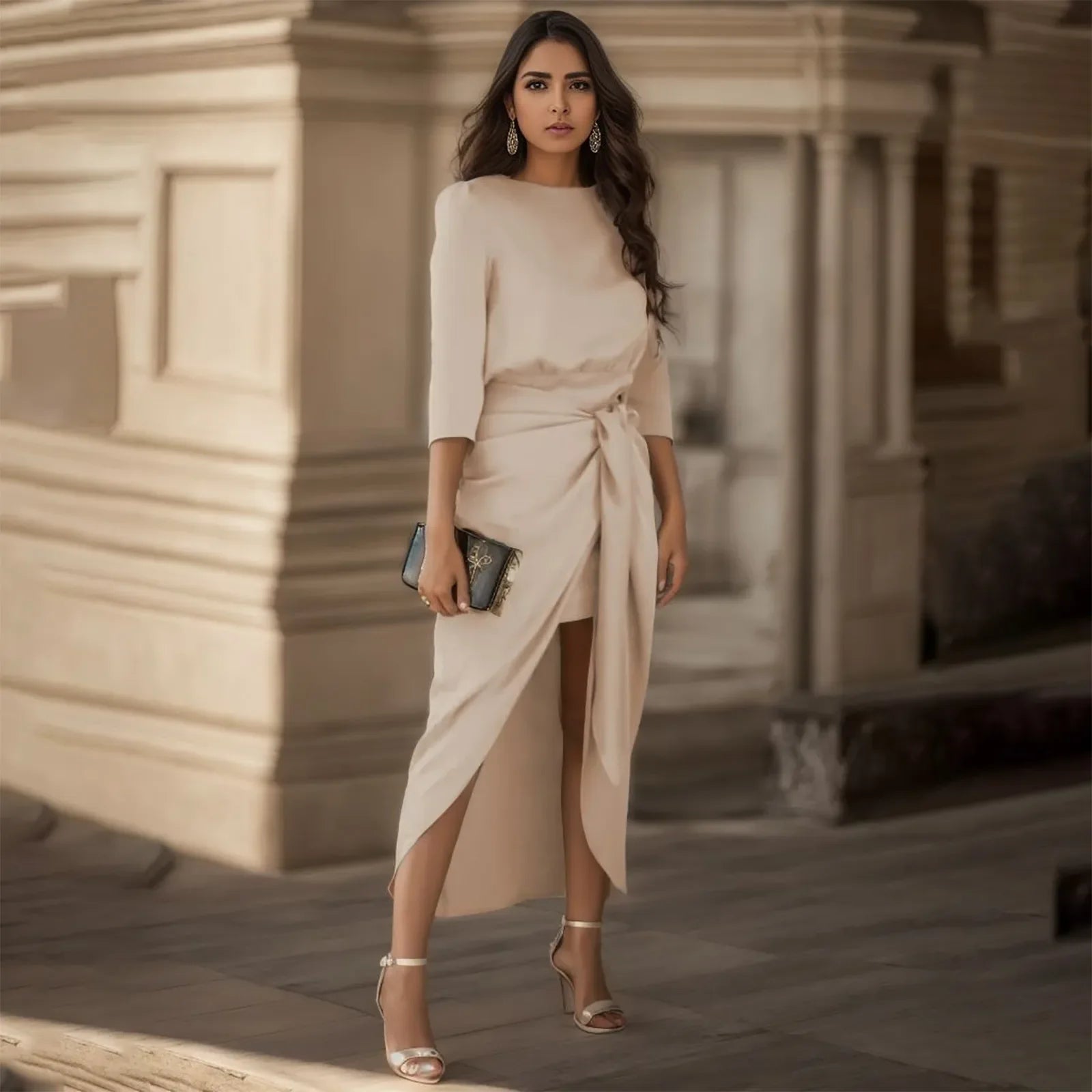 Satin Elegance Long Sleeve Tie Waist Side Slit Midi Dress