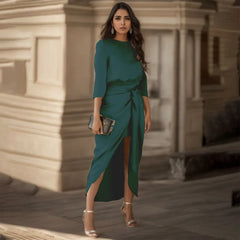 Satin Elegance Long Sleeve Tie Waist Side Slit Midi Dress