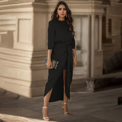 Satin Elegance Long Sleeve Tie Waist Side Slit Midi Dress