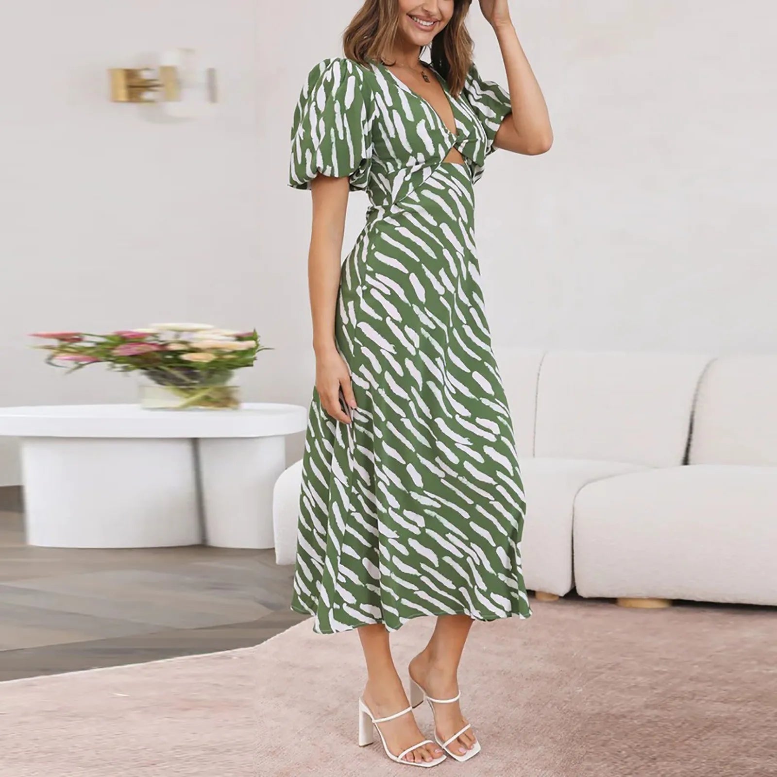 Elegant Boho Stripe Print V-Neck Puff Sleeve Midi Dress