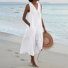 Elegant Solid Shirt Summer Sleeveless V Neck Harajuku Maxi Dress