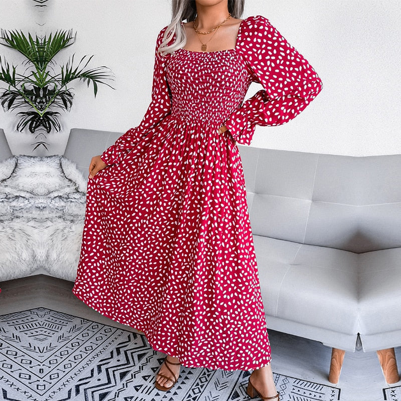 Square Neck A Line Printed Dress