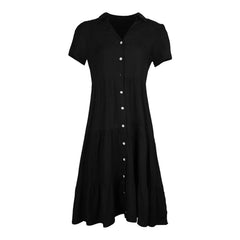 Elegant Casual Holiday Midi V Neck Single Breasted Shirt Solid Short Sleeve Summer  Women's Dress