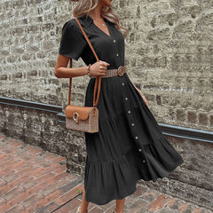 Elegant Casual Holiday Midi V Neck Single Breasted Shirt Solid Short Sleeve Summer  Women's Dress