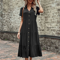 Elegant Casual Holiday Midi V Neck Single Breasted Shirt Solid Short Sleeve Summer  Women's Dress