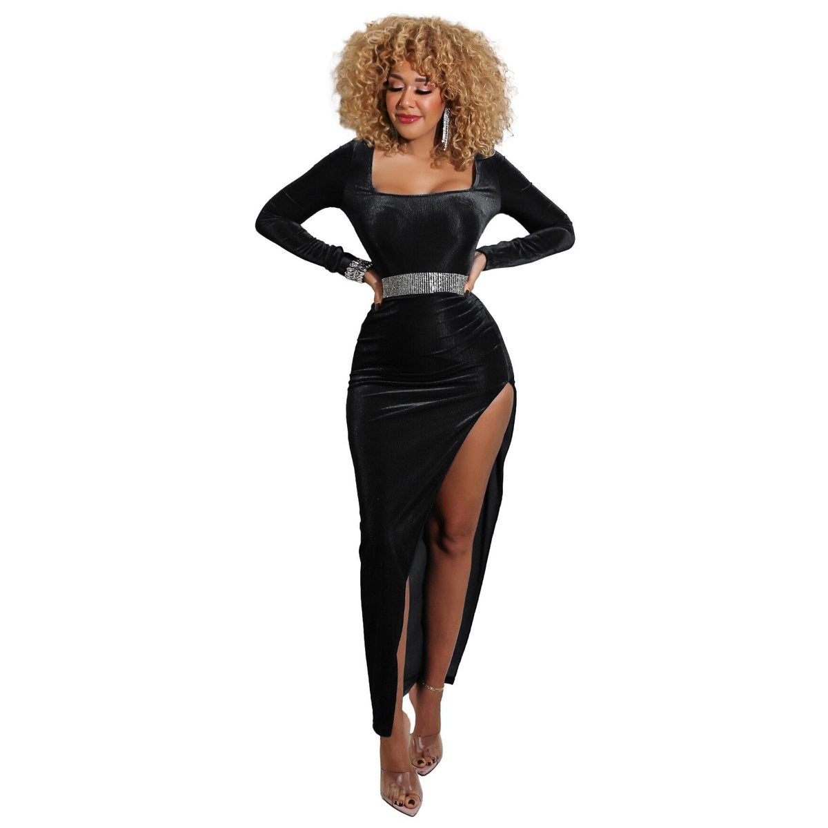 Elegant Velvet High Waist Slit Maxi Dress  Long Sleeve Evening Party Dress