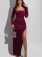 Elegant Velvet High Waist Slit Maxi Dress  Long Sleeve Evening Party Dress