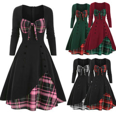 Elegant Vintage Long Sleeve Slim Dress V-Neck Lace-up Neckline Fashion Christmas Party