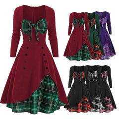 Elegant Vintage Long Sleeve Slim Dress V-Neck Lace-up Neckline Fashion Christmas Party