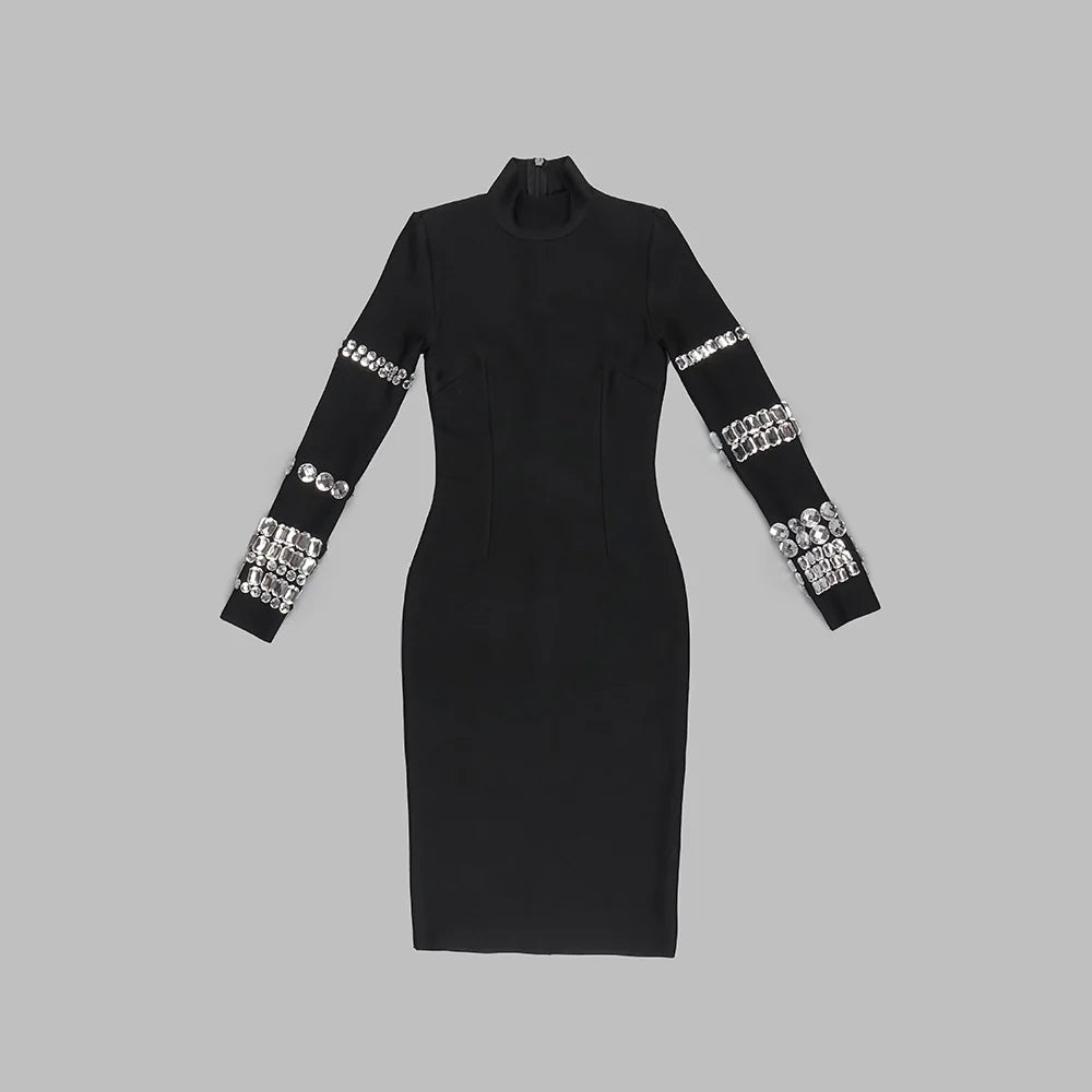 Luxurious Long Sleeve Diamond Black Evening Bodycon Dress