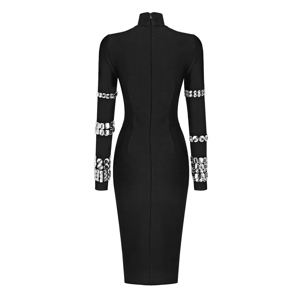 Luxurious Long Sleeve Diamond Black Evening Bodycon Dress