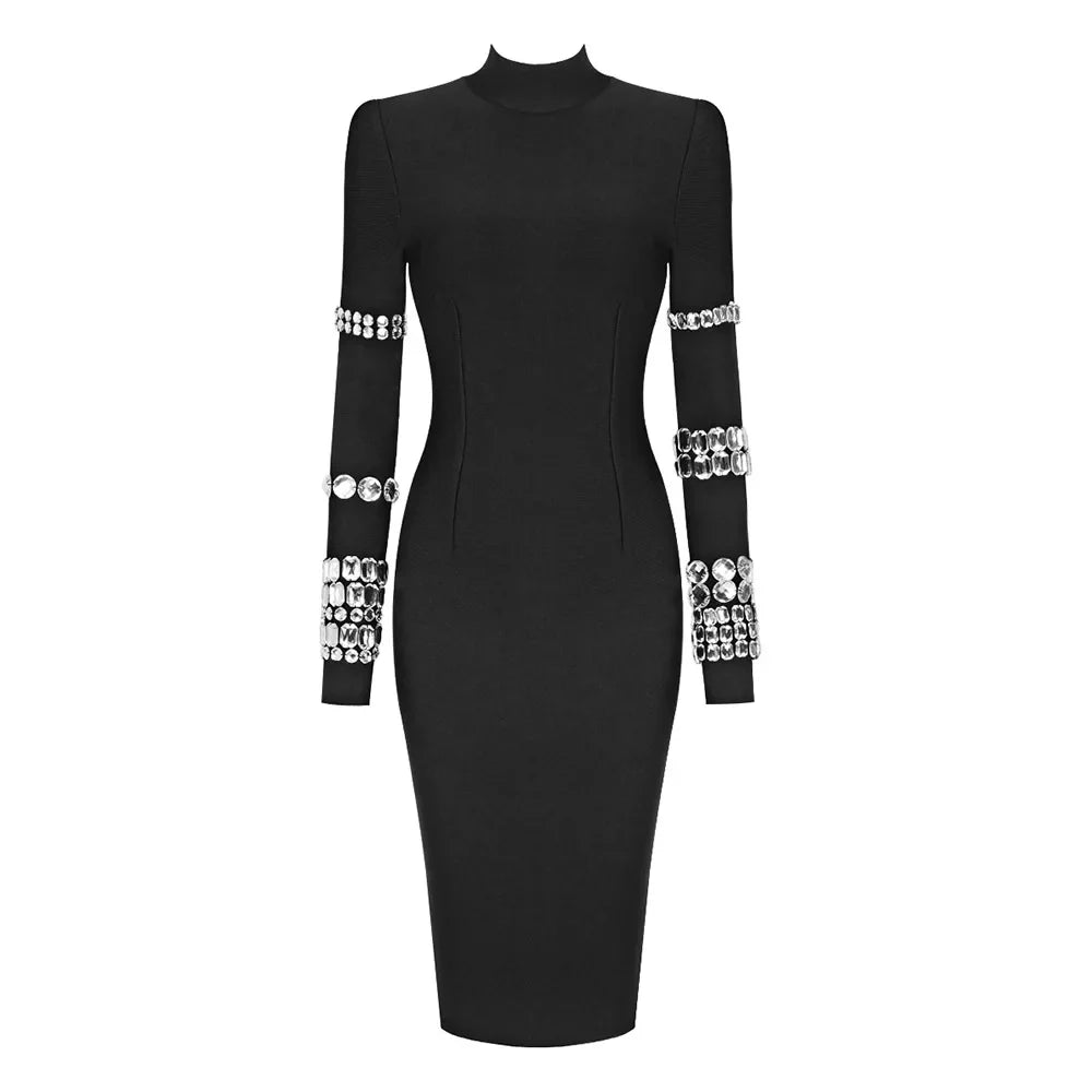 Luxurious Long Sleeve Diamond Black Evening Bodycon Dress