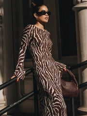 Vintage Zebra Print  Long Sleeve Party Maxi Dress