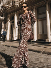 Vintage Zebra Print  Long Sleeve Party Maxi Dress