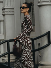 Vintage Zebra Print  Long Sleeve Party Maxi Dress