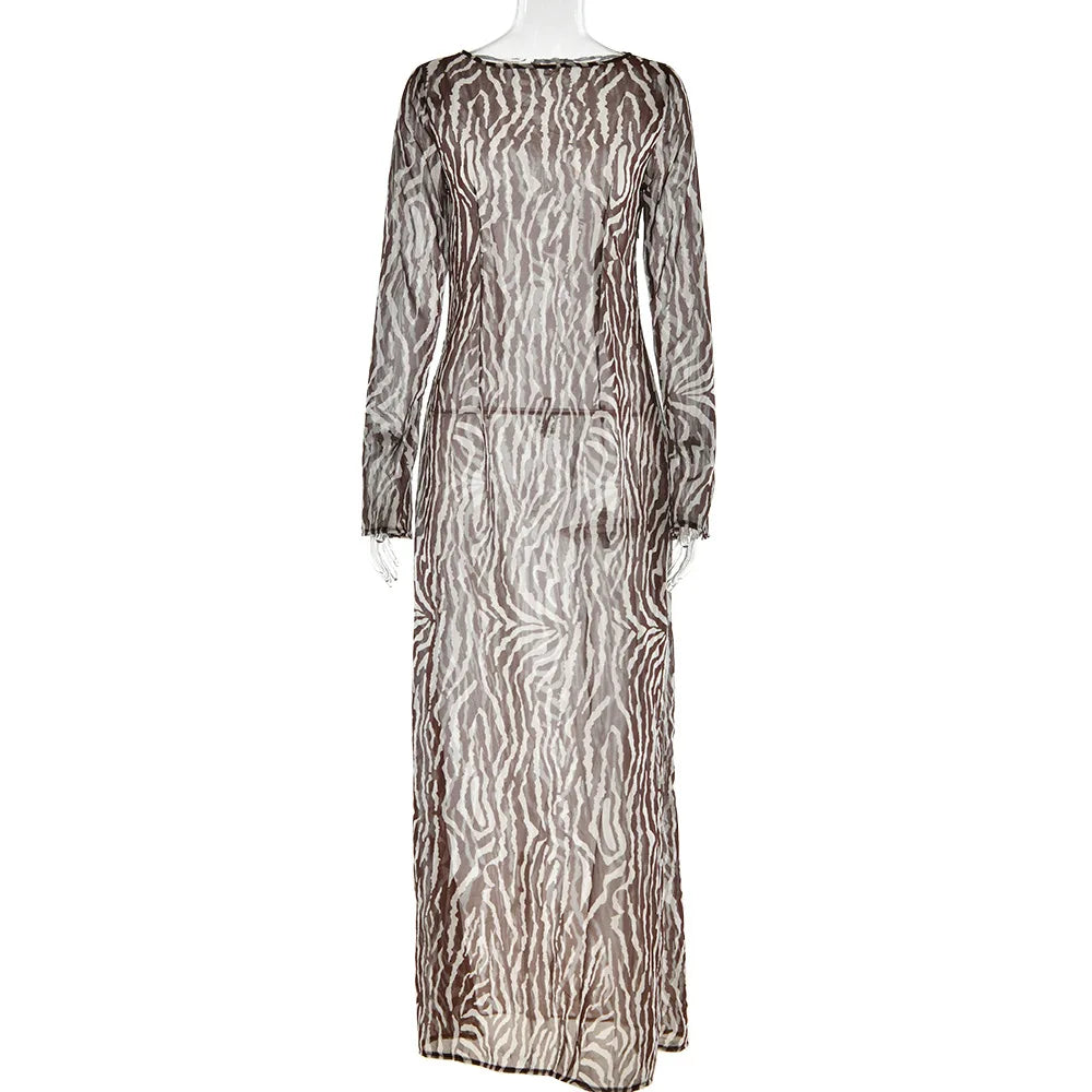 Vintage Zebra Print  Long Sleeve Party Maxi Dress