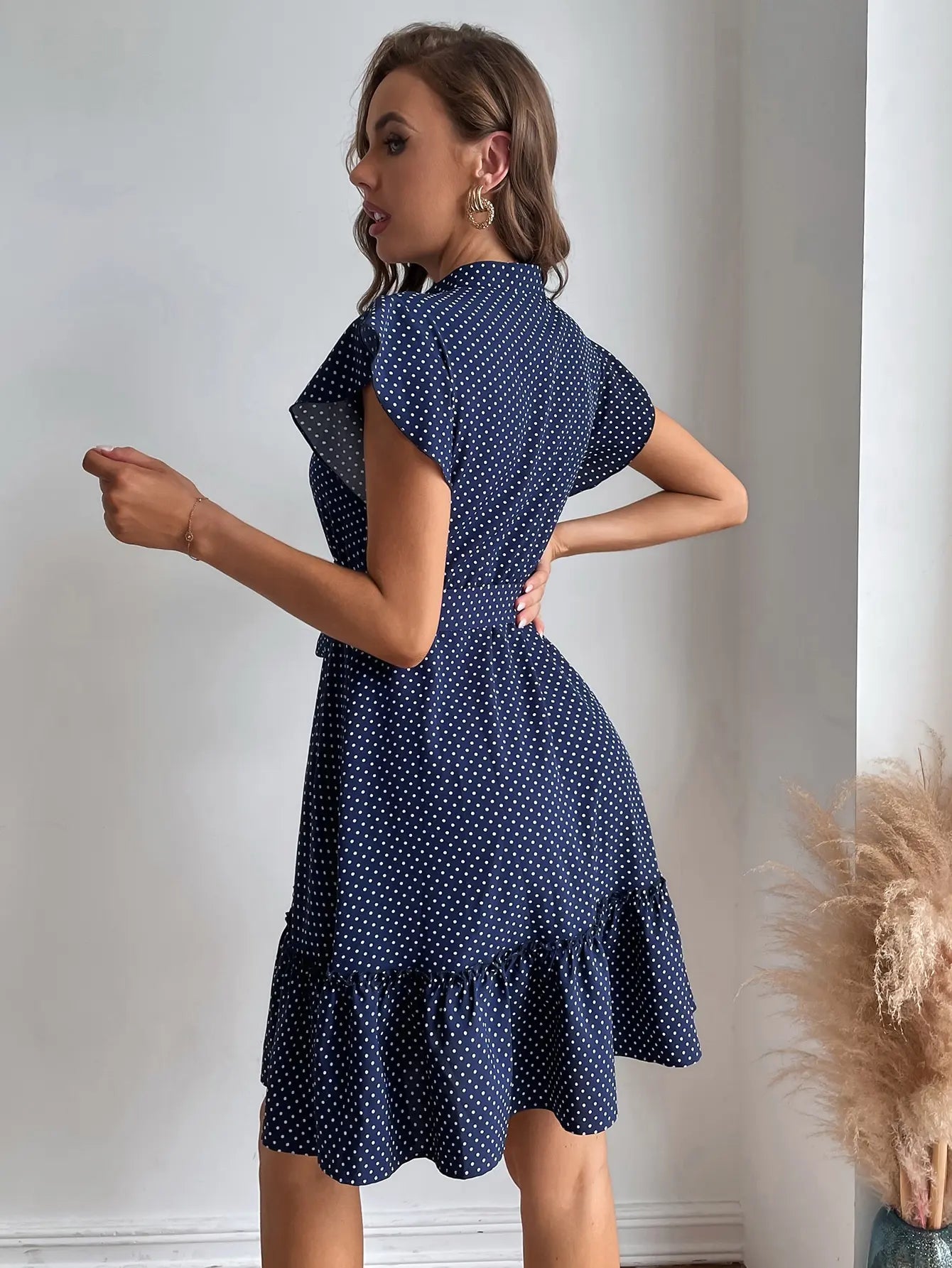 European American Polka Dot Printed Butterfly Sleeves Ruffled Edges Wide Pine Hem Waistband Midi Dresses