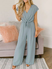 Fashion Street Solid Backless V Neck Loose Jumpsuits