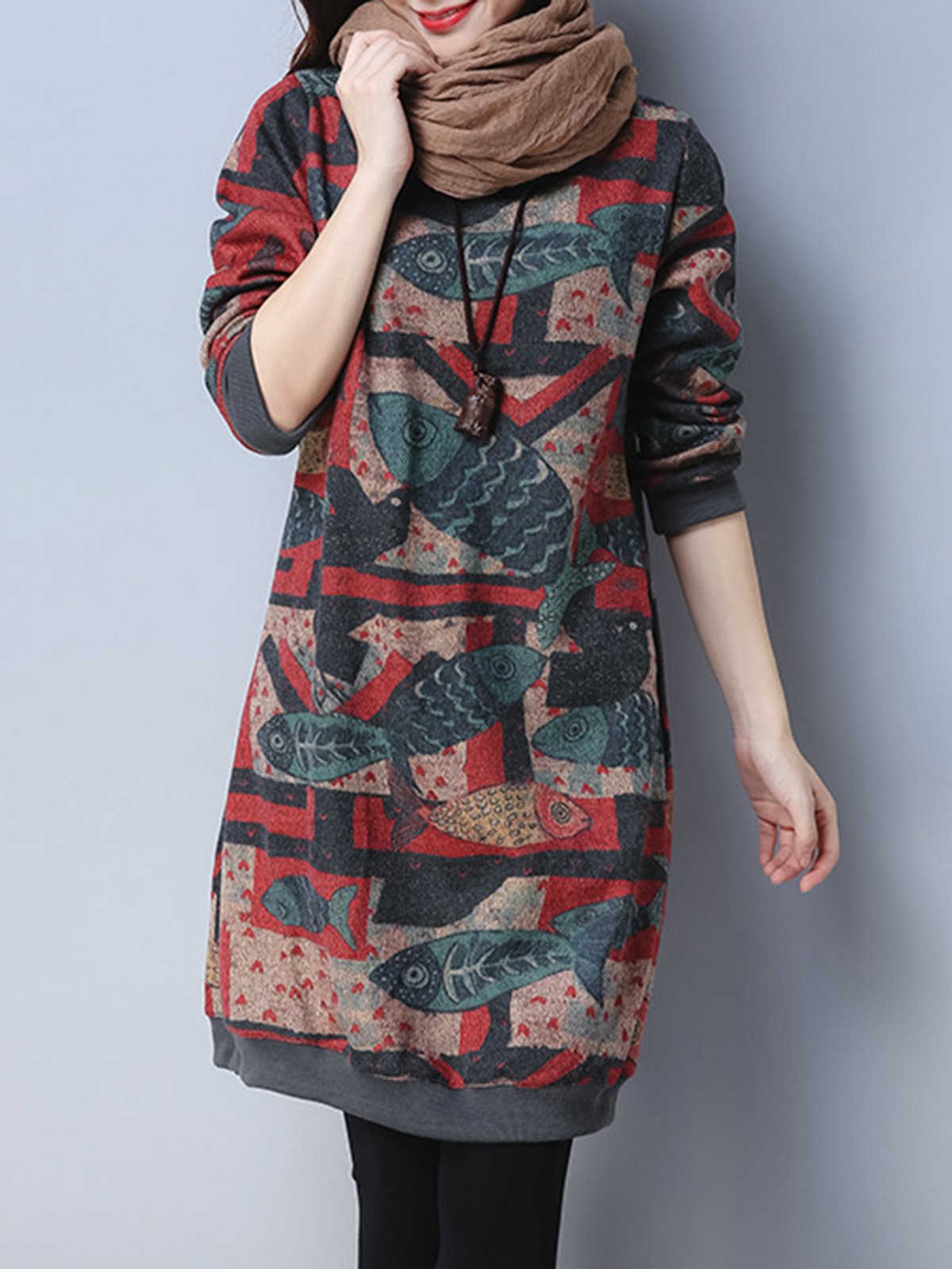 Fish Printed Crew Neck Cozy Dress