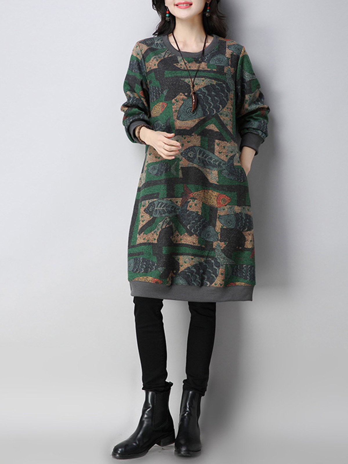 Fish Printed Crew Neck Cozy Dress