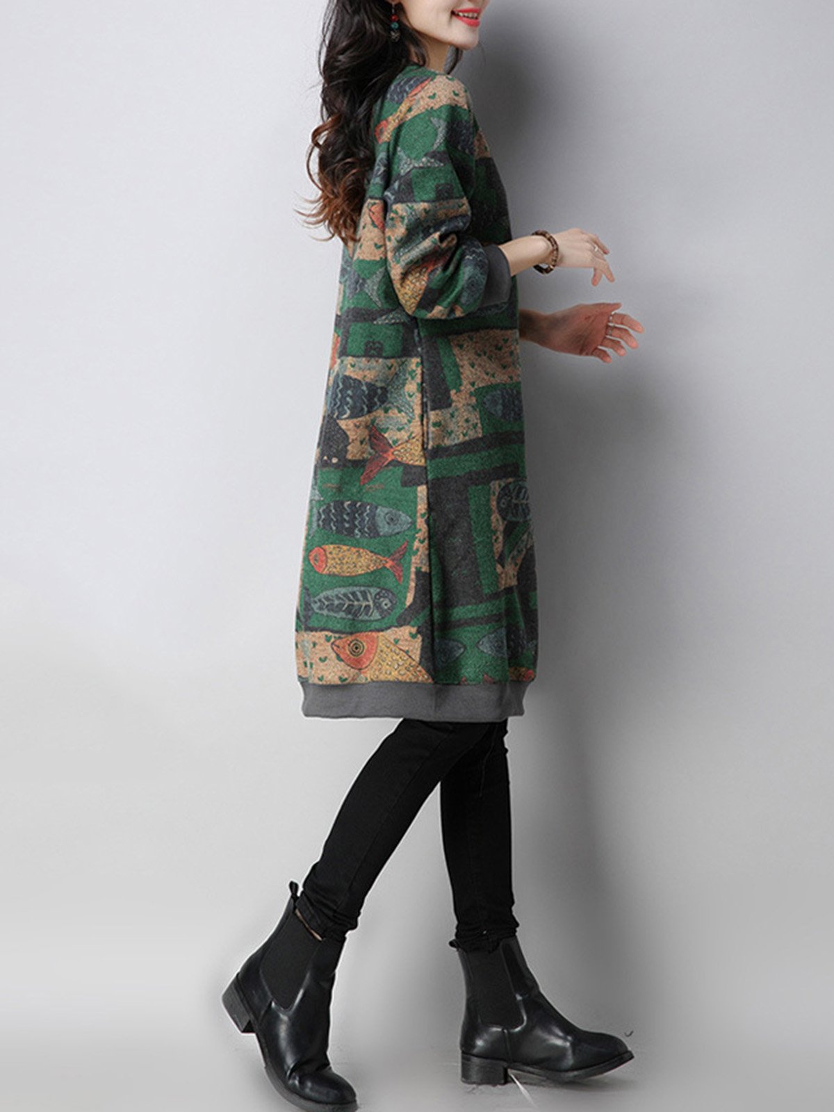 Fish Printed Crew Neck Cozy Dress