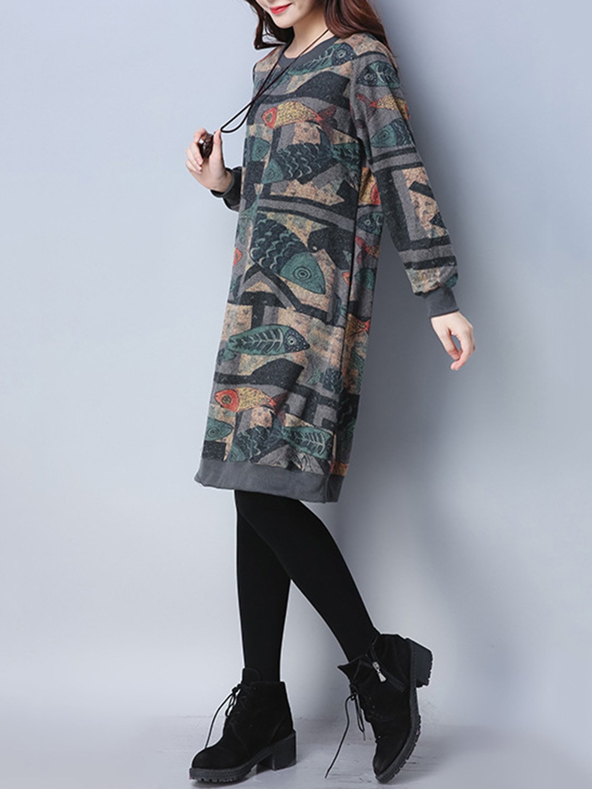 Fish Printed Crew Neck Cozy Dress