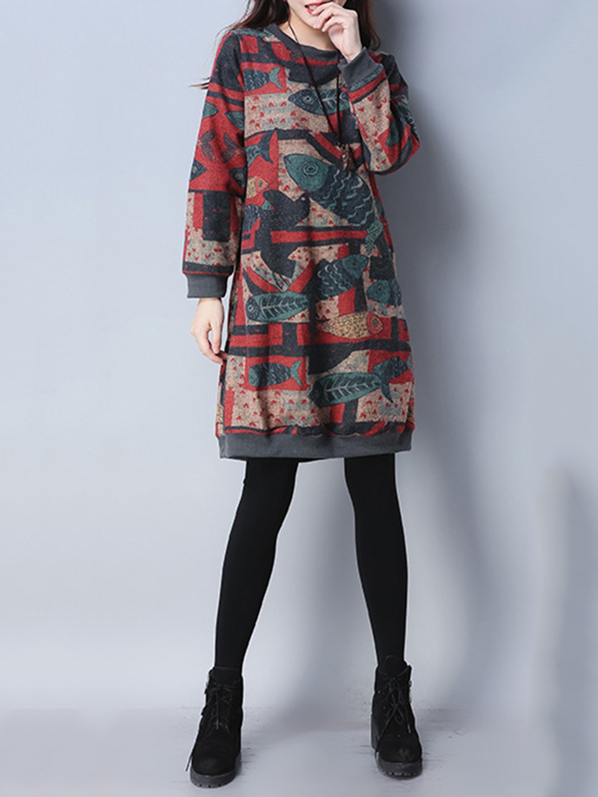 Fish Printed Crew Neck Cozy Dress