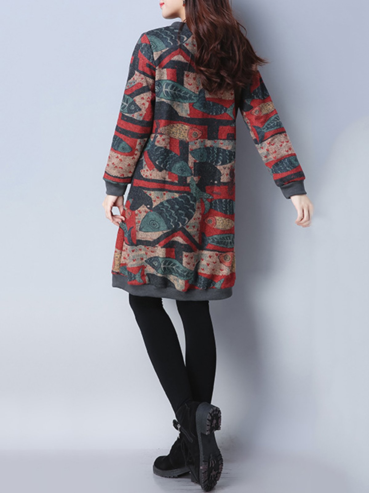 Fish Printed Crew Neck Cozy Dress