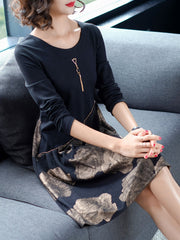 Floral Paneled Crew Neck Long Sleeve Knitted Midi Dress