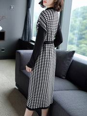 Houndstooth Paneled Long Sleeve Knitted Midi Dress