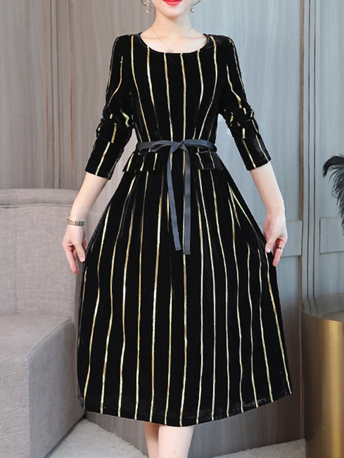 Gold Striped Long Sleeve Elegant Dress