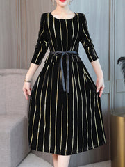 Gold Striped Long Sleeve Elegant Dress